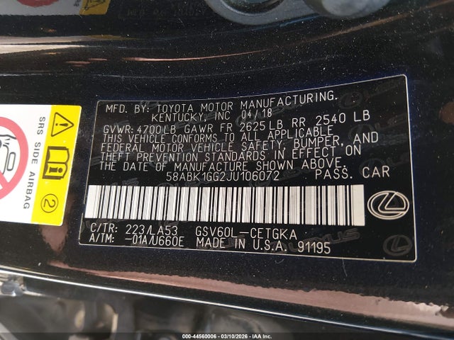 44560006 :رقم المزاد ، 58ABK1GG2JU106072 vin ، 2018 Lexus Es 350 مزاد بيع
