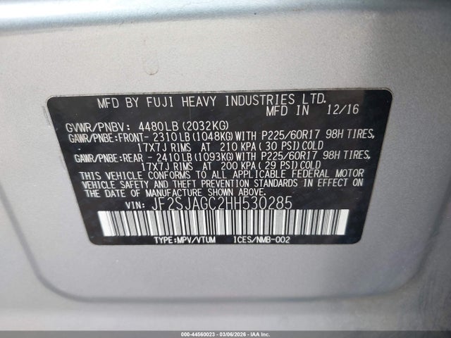Aukcja sprzedaży 2017 Subaru Forester 2.5i Premium, vin: JF2SJAGC2HH530285, numer aukcji: 44560023