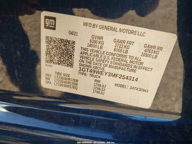 Aukcja sprzedaży 2021 Gmc Sierra 3500hd, vin: 1GT49WEY3MF254314, numer aukcji: 44560030
