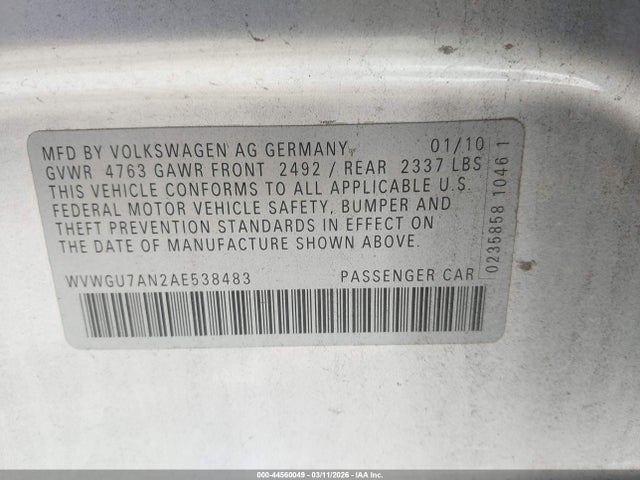 Продаж на аукціоні авто 2010 Volkswagen Cc Vr6, vin: WVWGU7AN2AE538483, номер лоту: 44560049