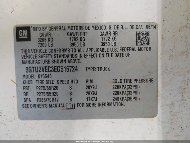 Aukcja sprzedaży 2014 Gmc Sierra 1500 Slt, vin: 3GTU2VEC3EG516724, numer aukcji: 44560068