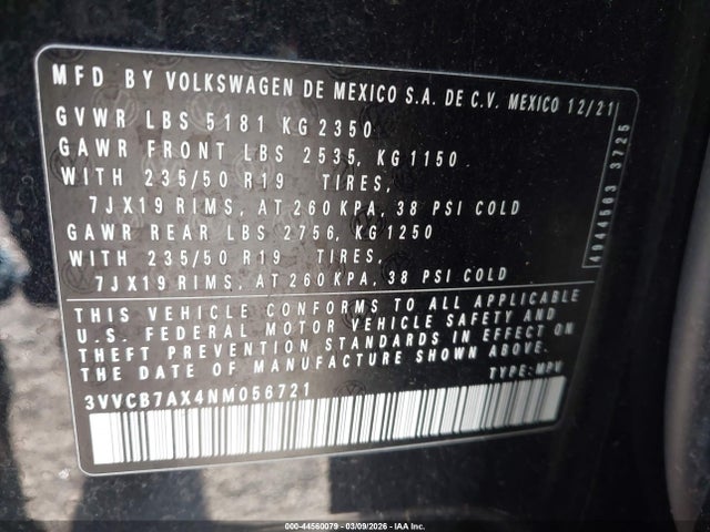 Продажа на аукционе авто 2022 Volkswagen Tiguan 2.0t Se R-line Black, vin: 3VVCB7AX4NM056721, номер лота: 44560079