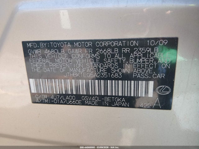 Продажа на аукционе авто 2010 Lexus Es 350, vin: JTHBK1EG5A2351683, номер лота: 44560080