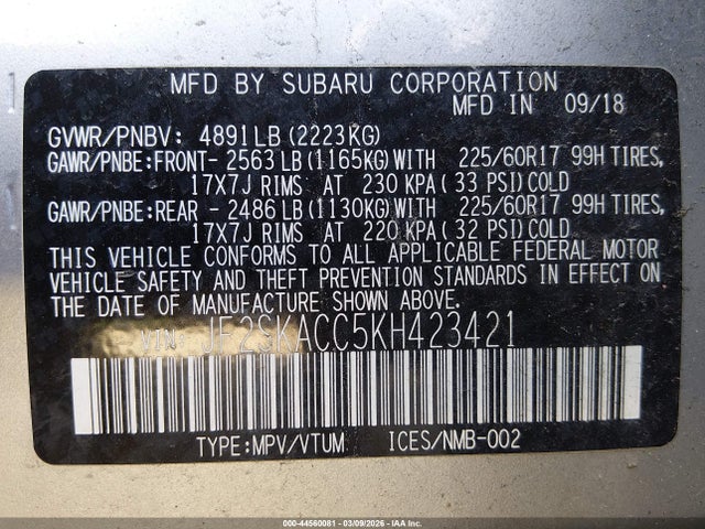 Продаж на аукціоні авто 2019 Subaru Forester, vin: JF2SKACC5KH423421, номер лоту: 44560081