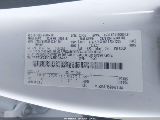 44560125 :رقم المزاد ، 1FT7W2BT2LED04437 vin ، 2020 Ford F-250 Xlt مزاد بيع