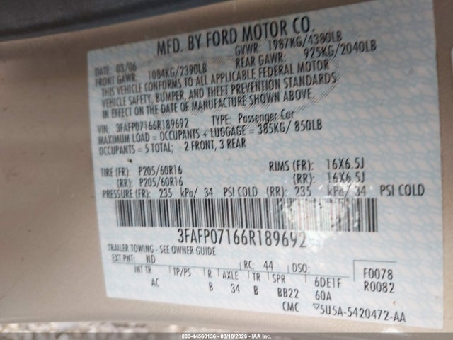 2006 Ford Fusion Se მანქანა იყიდება აუქციონზე, vin: 3FAFP07166R189692, აუქციონის ნომერი: 44560136