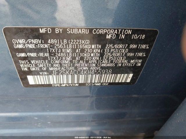 Aukcja sprzedaży 2019 Subaru Forester, vin: JF2SKACC4KH455938, numer aukcji: 44560153