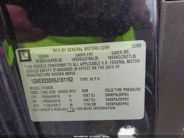 44560168 :رقم المزاد ، 1GKEV23D09J181162 vin ، 2009 Gmc Acadia Slt-1 مزاد بيع