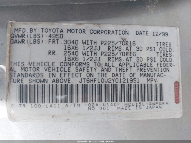 Aukcja sprzedaży 2000 Lexus Rx 300, vin: JT6HF10U2Y0121951, numer aukcji: 44560185