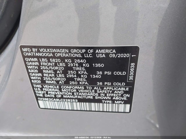 44560194 :رقم المزاد ، 1V26E2CA9LC228253 vin ، 2020 Volkswagen Atlas Cross Sport 3.6l V6 Se W/technology/3.6l V6 Se W/technology R-line مزاد بيع