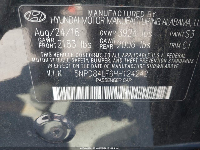 5NPD84LF6HH124242 Hyundai Elantra Value Edition