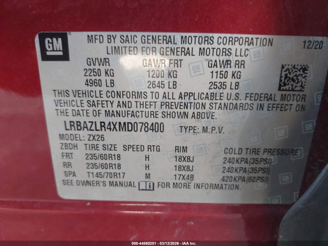 Aukcja sprzedaży 2021 Buick Envision Fwd Preferred, vin: LRBAZLR4XMD078400, numer aukcji: 44560251
