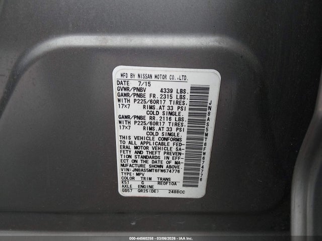 JN8AS5MT6FW674776 Nissan Rogue Select S