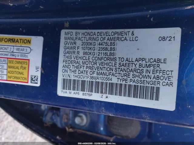 1HGCV1F38MA100564 Honda Accord Sport