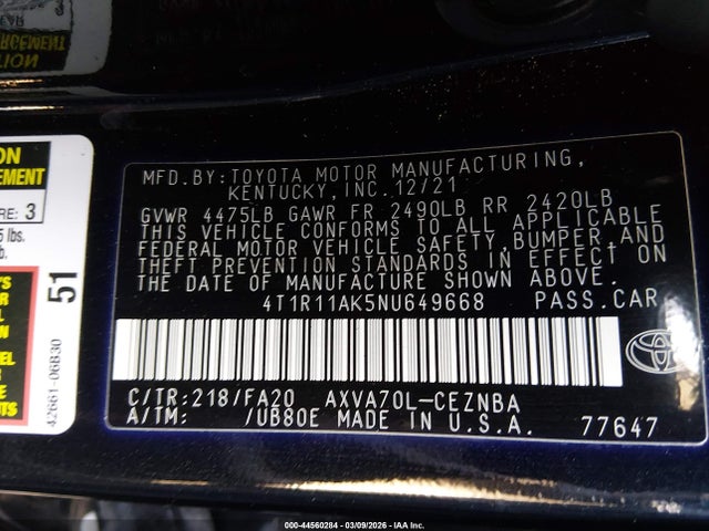 4T1R11AK5NU649668 Toyota CAMRY LE