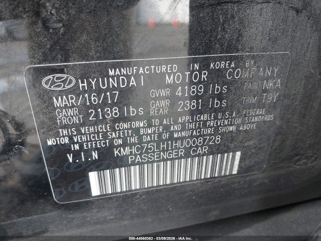 KMHC75LH1HU008728 Hyundai Ioniq Ev Electric