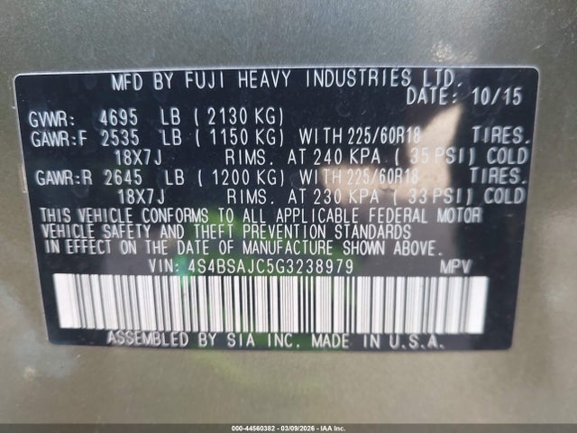 Продаж на аукціоні авто 2016 Subaru Outback 2.5i Limited, vin: 4S4BSAJC5G3238979, номер лоту: 44560382