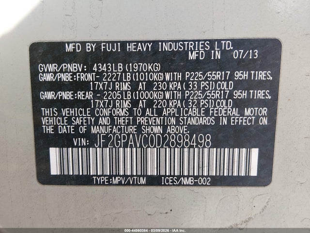 Продаж на аукціоні авто 2013 Subaru Xv Crosstrek 2.0i Premium, vin: JF2GPAVC0D2898498, номер лоту: 44560384