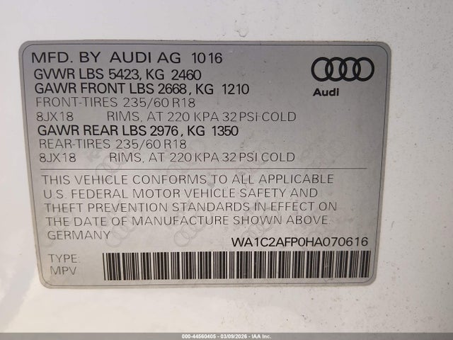 Продажа на аукционе авто 2017 Audi Q5 2.0t Premium, vin: WA1C2AFP0HA070616, номер лота: 44560405