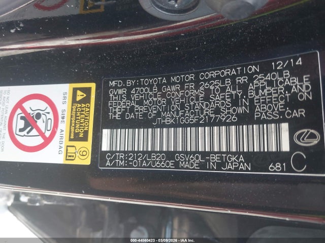 Продаж на аукціоні авто 2015 Lexus Es 350, vin: JTHBK1GG5F2177926, номер лоту: 44560423