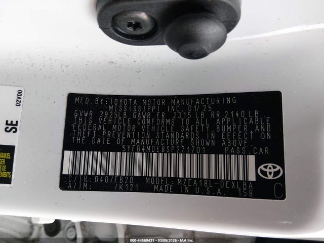 Aukcja sprzedaży 2025 Toyota Corolla Le, vin: 5YFB4MDE8SP271701, numer aukcji: 44560431