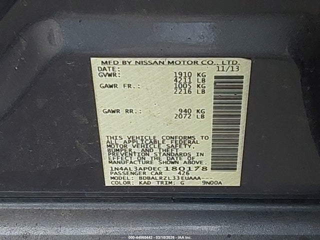 2014 Nissan Altima 2.5 S მანქანა იყიდება აუქციონზე, vin: 1N4AL3AP0EC180178, აუქციონის ნომერი: 44560442