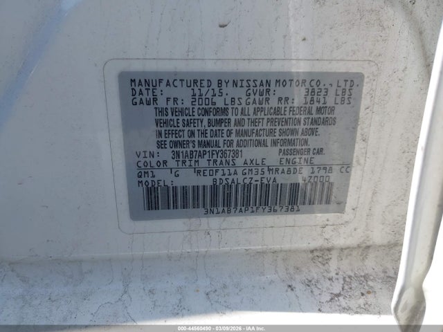 44560490 :رقم المزاد ، 3N1AB7AP1FY367381 vin ، 2015 Nissan Sentra S مزاد بيع