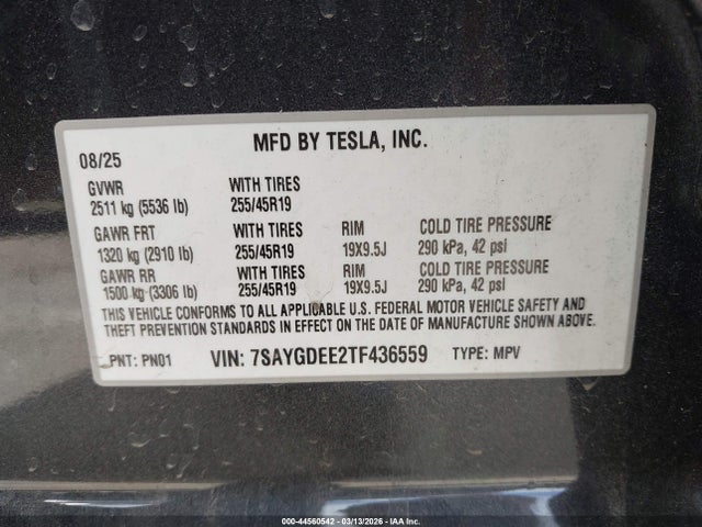 Продаж на аукціоні авто 2026 Tesla Model Y, vin: 7SAYGDEE2TF436559, номер лоту: 44560542