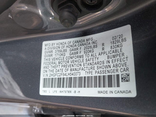 Honda Civic Lx 2020 2HGFC2F64LH540073 Image 9