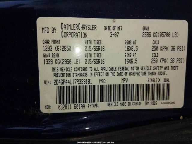 2007 Dodge Grand Caravan Sxt მანქანა იყიდება აუქციონზე, vin: 2D4GP44L17R339181, აუქციონის ნომერი: 44560598
