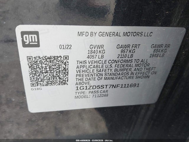 Продажа на аукционе авто 2022 Chevrolet Malibu Fwd Lt, vin: 1G1ZD5ST7NF111691, номер лота: 44560626