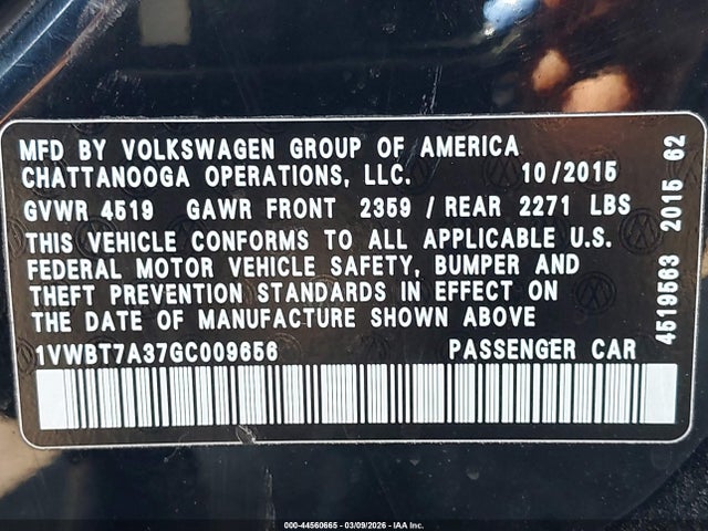 44560665 :رقم المزاد ، 1VWBT7A37GC009656 vin ، 2016 Volkswagen Passat 1.8t Se مزاد بيع