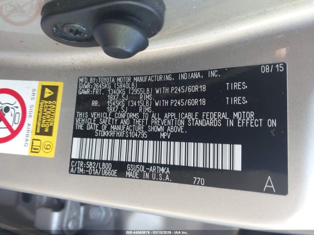 Продаж на аукціоні авто 2015 Toyota Highlander Xle V6, vin: 5TDKKRFHXFS104795, номер лоту: 44560676