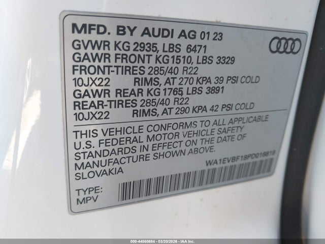 2023 Audi Q8 Premium Plus 55 Tfsi Quattro Tiptronic მანქანა იყიდება აუქციონზე, vin: WA1EVBF18PD016818, აუქციონის ნომერი: 44560684