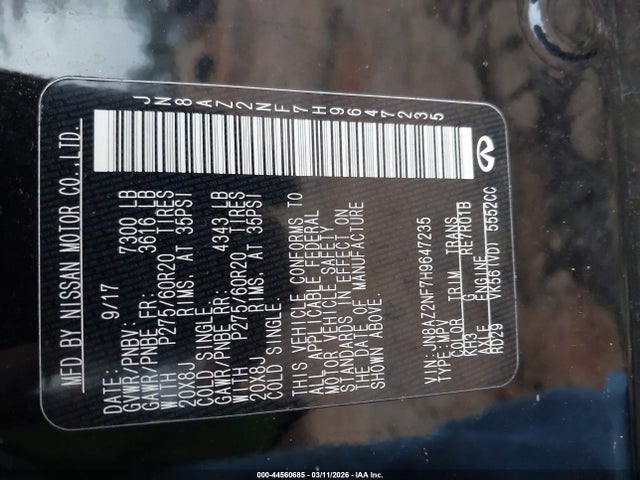 44560685 :رقم المزاد ، JN8AZ2NF7H9647235 vin ، 2017 Infiniti Qx80 مزاد بيع