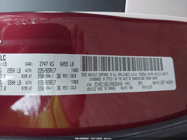 Продажа на аукционе авто 2019 Chrysler Pacifica Touring L, vin: 2C4RC1BG1KR626440, номер лота: 44560687