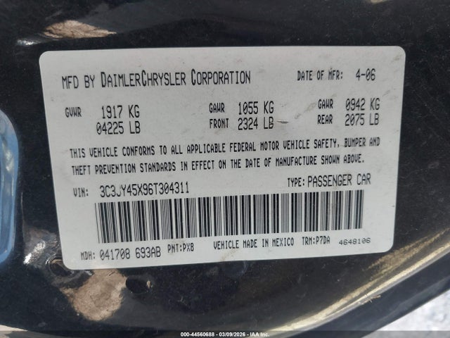 2006 Chrysler Pt Cruiser მანქანა იყიდება აუქციონზე, vin: 3C3JY45X96T304311, აუქციონის ნომერი: 44560688