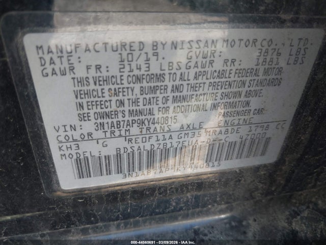 2019 Nissan Sentra Sv მანქანა იყიდება აუქციონზე, vin: 3N1AB7AP9KY440815, აუქციონის ნომერი: 44560691