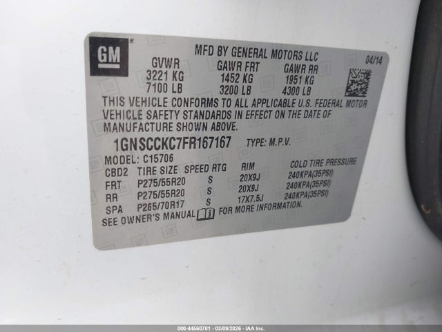 Aukcja sprzedaży 2015 Chevrolet Tahoe Ltz, vin: 1GNSCCKC7FR167167, numer aukcji: 44560701