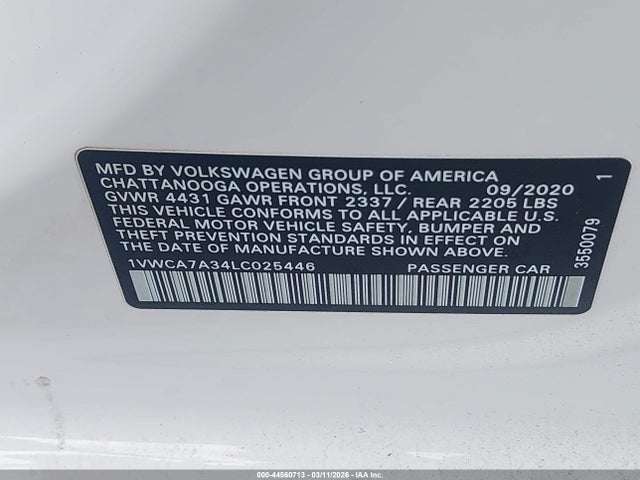 44560713 :رقم المزاد ، 1VWCA7A34LC025446 vin ، 2020 Volkswagen Passat 2.0t Sel مزاد بيع