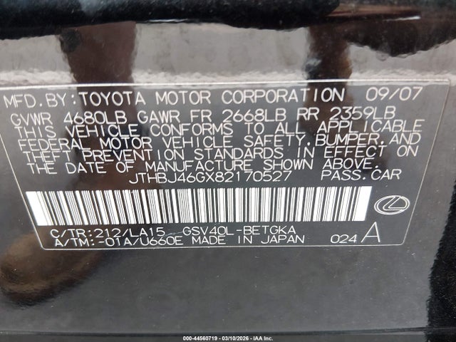 Продаж на аукціоні авто 2008 Lexus Es 350, vin: JTHBJ46GX82170527, номер лоту: 44560719