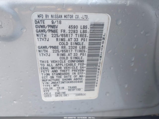 Aukcja sprzedaży 2019 Nissan Rogue S, vin: JN8AT2MT0KW500496, numer aukcji: 44560755