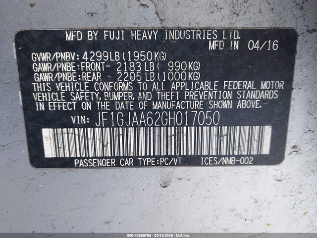 Продажа на аукционе авто 2016 Subaru Impreza 2.0i, vin: JF1GJAA62GH017050, номер лота: 44560765