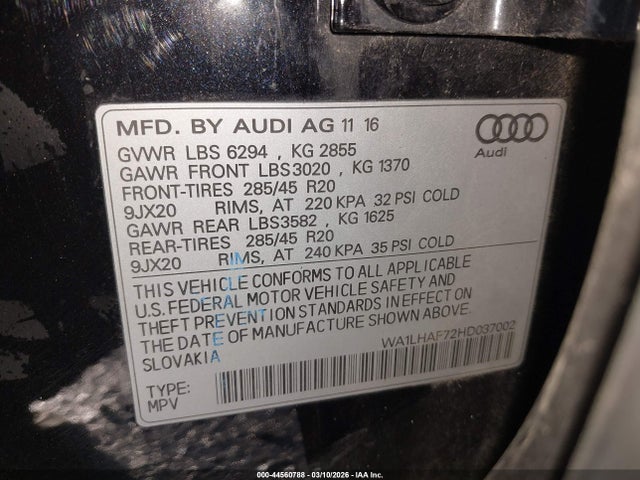 44560788 :رقم المزاد ، WA1LHAF72HD037002 vin ، 2017 Audi Q7 2.0t Premium مزاد بيع