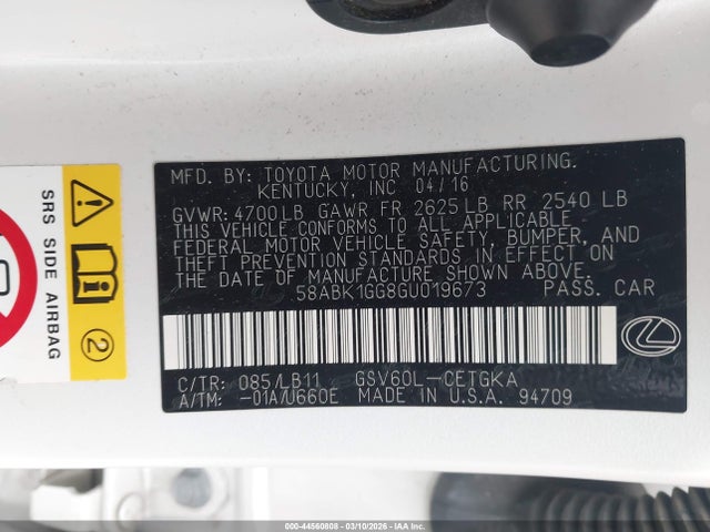 Aukcja sprzedaży 2016 Lexus Es 350, vin: 58ABK1GG8GU019673, numer aukcji: 44560808