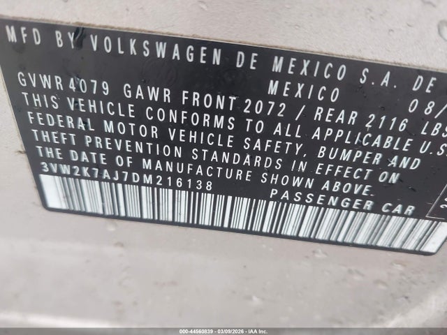 Продаж на аукціоні авто 2013 Volkswagen Jetta 2.0l S, vin: 3VW2K7AJ7DM216138, номер лоту: 44560839