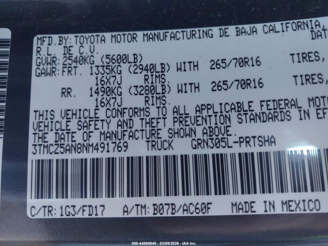 3TMCZ5AN8NM491769 Toyota Tacoma 4wd Trd Off Road
