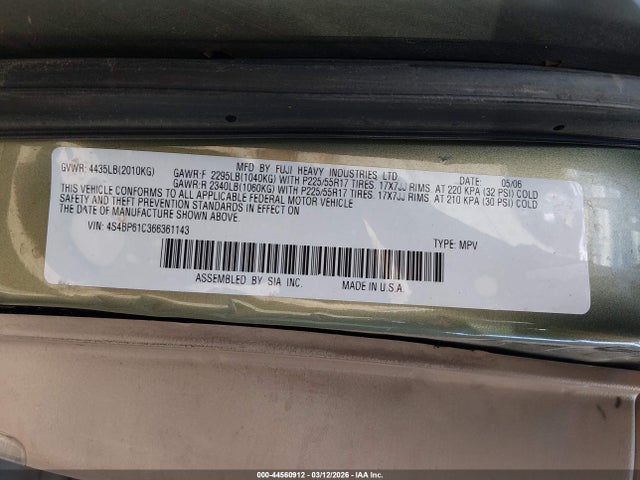 Aukcja sprzedaży 2006 Subaru Outback 2.5i, vin: 4S4BP61C366361143, numer aukcji: 44560912