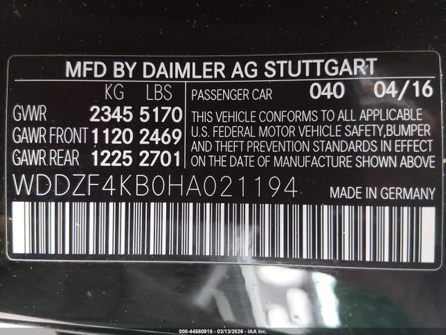 44560918 :رقم المزاد ، WDDZF4KB0HA021194 vin ، 2017 Mercedes-benz E 300 4matic مزاد بيع