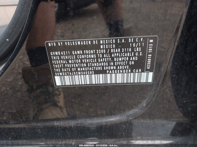 Продаж на аукціоні авто 2012 Volkswagen Jetta 2.5l Se, vin: 3VWDX7AJXCM340283, номер лоту: 44561030